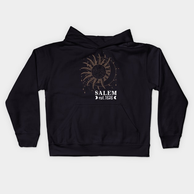 Salem Est 1626 with Celestial Sun and Moon design Kids Hoodie by Apathecary